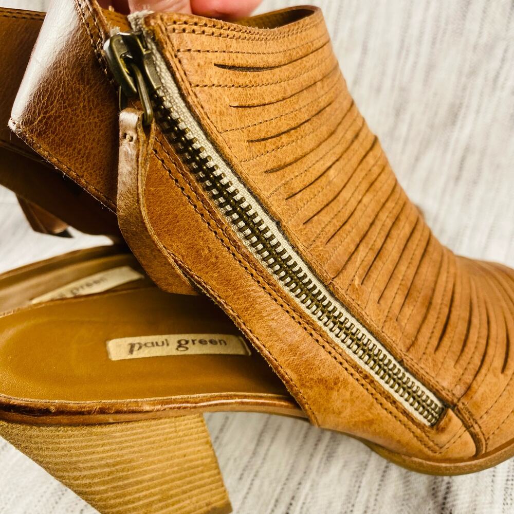 Paul Green Tan Leather Laser‎ Cut Open Toe Heeled Ankle Booties Size 5.5 - Picture 5 of 10